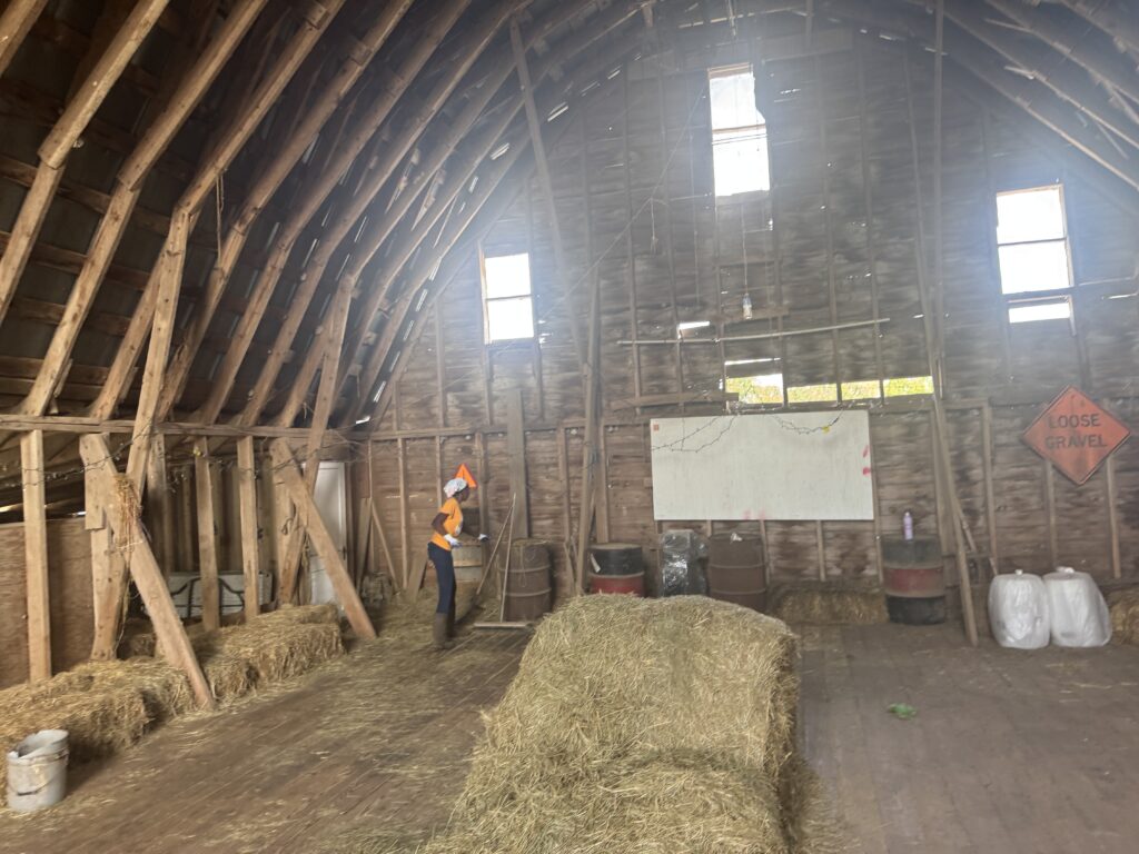 Person reaches for a broom with bales of hay nearby